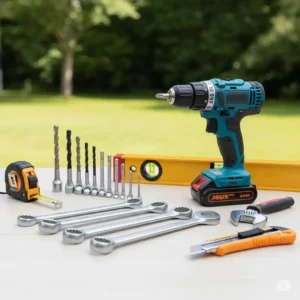 A collection of basic tools commonly needed for assembling DIY outdoor playset kits, like drills, wrenches, and levels, indicating simplicity.
