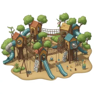An illustration of a playset that incorporates treehouse-like structures and elevated platforms, appealing to the adventurous spirit of older kids.