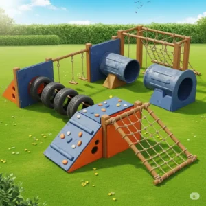 Illustration of a backyard obstacle course for older kids, including tire runs, crawl tunnels, and a climbing net, perfect for active play and competitive fun.
