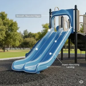 Close-up of safety features on an outdoor playset slide, including high side rails and smooth edges for secure play.