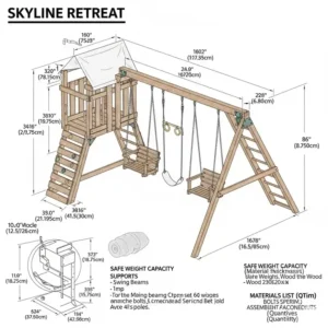 Detailed diagram displaying the precise dimensions and specifications of the Skyline Retreat wooden swing set.