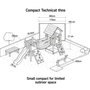Diagram illustrating the compact dimensions of a small playground set, suitable for limited outdoor spaces.