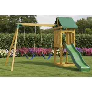 A fun small swing set combo, including two swings and a small slide for added entertainment.