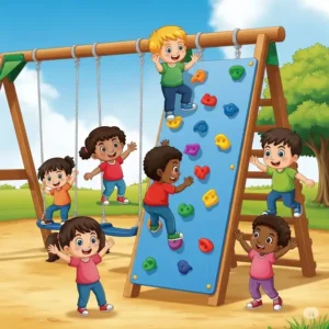 An illustration of a small rock climbing wall accessory, part of the swing set accessories, showing colorful hand and foot holds for children.