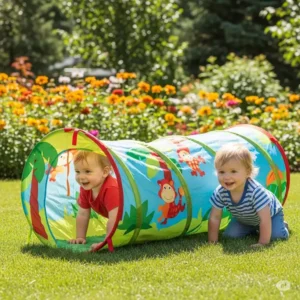 A collapsible fabric play tunnel, an exciting and safe addition to any toddler outdoor play equipment collection.