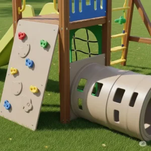 Detailed view of a toddler outdoor playset's climbing wall and crawl tunnel, showcasing engaging features for motor skill development.