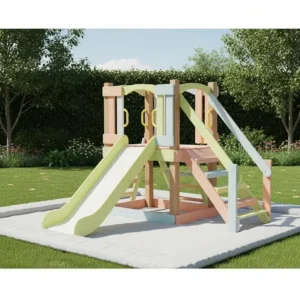 Safe and colorful toddler playset with a gentle small slide and easy-access steps for young children.