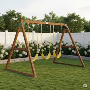 A classic A-frame design small backyard swing sets, showcasing its stable and space-efficient structure for smaller backyards.