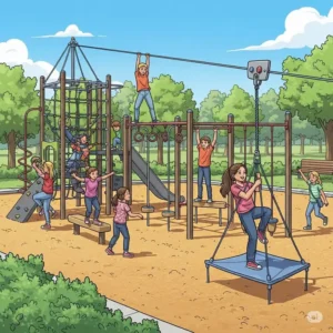 An illustration demonstrating various active play elements within a playset, encouraging physical activity for older children and pre-teens.