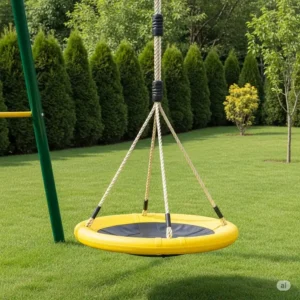 A durable plastic disc swing with a strong, adjustable rope, offering a playful accessory for an adult-friendly swing set.