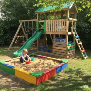 Eco-friendly playset made from recycled materials, featuring a sandbox and small slide, a sustainable choice for your backyard.
