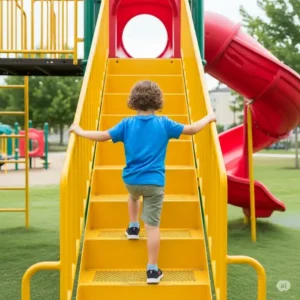 Child climbing the access ladder to reach the top of a sturdy slide for outdoor playset, promoting physical activity.
