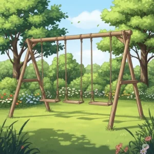 Charming illustration of a natural wooden swing set nestled in a green backyard, perfect for older children like 10-year-olds, blending seamlessly with outdoor aesthetics.