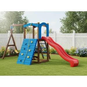A space-saving toddler outdoor playset neatly installed in a compact backyard, demonstrating suitability for various outdoor spaces.