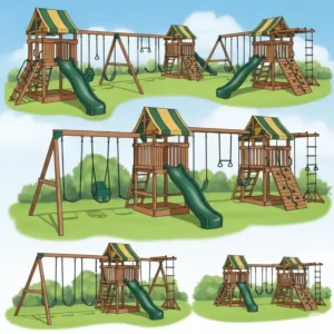 Artistic rendering of a customizable big wooden swing set, showing various potential configurations.