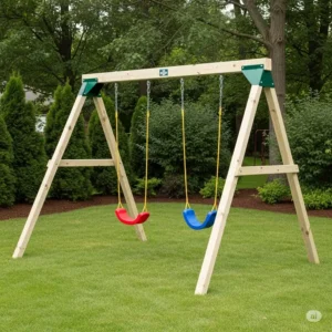 "Example of a classic A-frame DIY swing set design, popular for its stability and straightforward construction, perfect for backyard play."