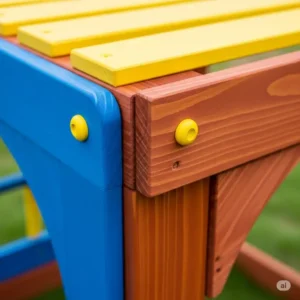Close-up of safety features on a diy outdoor playset, like rounded edges.