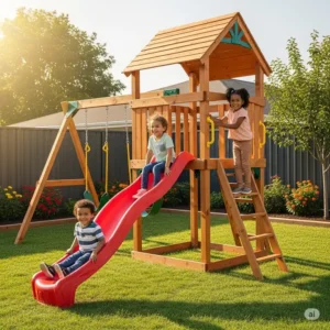 "Happy children playing on a completed DIY outdoor playset built from detailed diy outdoor playset plans"