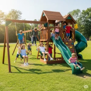 Group of children actively playing on a large, multi-level wooden swing set featuring two different slides, promoting group outdoor fun.