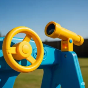 Close-up of popular outdoor playset accessories, including a yellow steering wheel and telescope, enhancing imaginative play.
