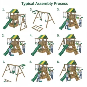 "Step-by-step illustration of the typical assembly process for a playset, considering the differences in complexity between Kidkraft vs Gorilla playset models."