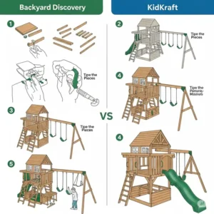 Diagram illustrating the assembly process for both Backyard Discovery and KidKraft playsets, showing how they might compare in terms of ease and time required.