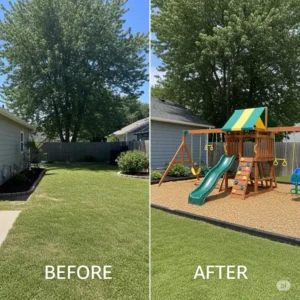 Side-by-side comparison of a backyard space before and after installing a DIY outdoor playset kit, showcasing the transformation.
