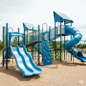 A sleek, modern-designed playset for older kids, featuring durable materials like metal and recycled plastic, with challenging climbing structures and unique slides.