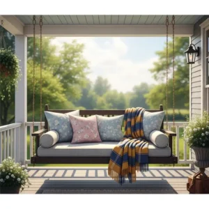 "An inviting illustration of a comfortable porch swing kits hanging from a traditional porch, adorned with soft cushions and a blanket, suggesting relaxation."