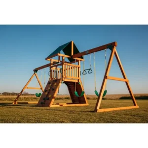 An alternative angle of the complete Skyline Retreat wooden swing set, emphasizing its robust A-frame design for enhanced stability and safety.