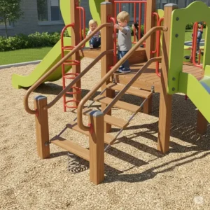 Illustration highlighting safety features of a small playground set, including soft ground surfacing and secure handrails.