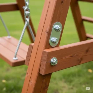 Close-up view of sturdy hardware and secure joints on a high-quality small swing sets.