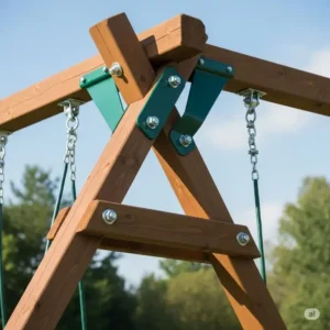 Close-up of the robust construction and secure anchoring of a high-quality swing set for older kids, ensuring safety for older children.