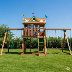 An integrated playhouse or fort structure built onto a swing set, offering imaginative play and expanding swing set add on possibilities.