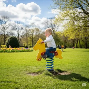 A spring-mounted animal rocker, a classic piece of toddler outdoor play equipment for toddlers to enjoy gentle movement.