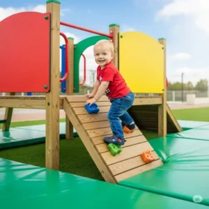 A toddler safely navigating low-level climbing features on a playset designed specifically for their age and developmental stage.