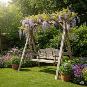 "A picturesque wooden swing for backyard nestled in a lush backyard garden, showcasing how it enhances outdoor living spaces."
