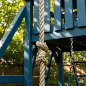 A thick, knotted climbing rope, designed for adults, attached to a swing set structure, providing a challenging and active accessory.