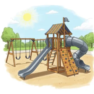 Illustration of an extensive swing set complex, featuring a slide and climbing wall in addition to swings, offering varied play options for adventurous 10-year-olds. swing sets for 10 year olds