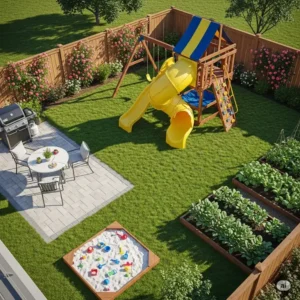 Aerial view of a backyard playset featuring a prominent slide for outdoor playset, showing how it integrates into outdoor living spaces.
