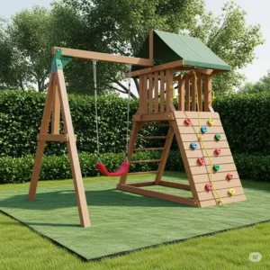 Compact playset designed for small backyards, including a single swing and mini rock wall, maximizing fun in limited spaces.