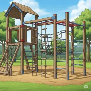 An illustration highlighting challenging features such as rope ladders, cargo nets, and challenging monkey bars on a playset ideal for older kids.
