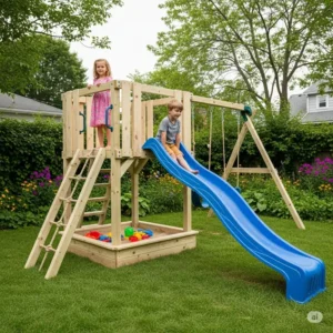 Happy children playing on a newly built diy outdoor playset in a backyard.