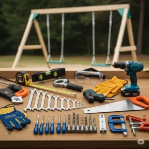 "Collection of common tools and equipment required for building diy swing set designs , helpful for those planning their home construction project."