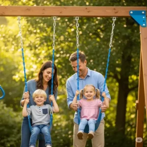 A family enjoying quality time on the durable and fun Skyline Retreat wooden swing set, perfect for creating lasting memories.