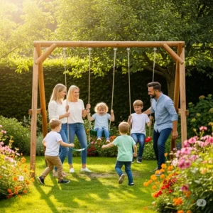A family enjoying quality time together around a big wooden swing sets in their garden.