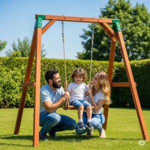 A happy family enjoying quality time around their new small swing set in the backyard.