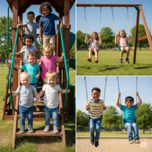 "Children of various ages happily playing on both Kidkraft vs Gorilla playset, demonstrating their suitability for different developmental stages and preferences."