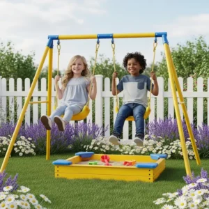 Two children happily playing on a compact small backyard swing set, demonstrating its perfect size for active play in limited outdoor areas.