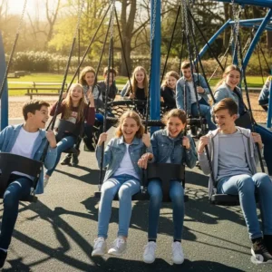 A group of older kids laughing and having fun on a large swing set for older kids, highlighting its appeal for social play.